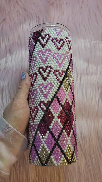 Hearts and Argyle Split Rhinestone Tumbler - 20oz Skinny - READY TO SHIP